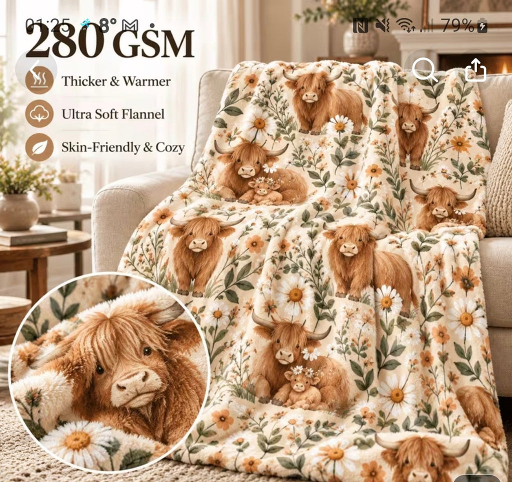 Highland Cow Daisy Meadow Fleece Throw 🇨🇳