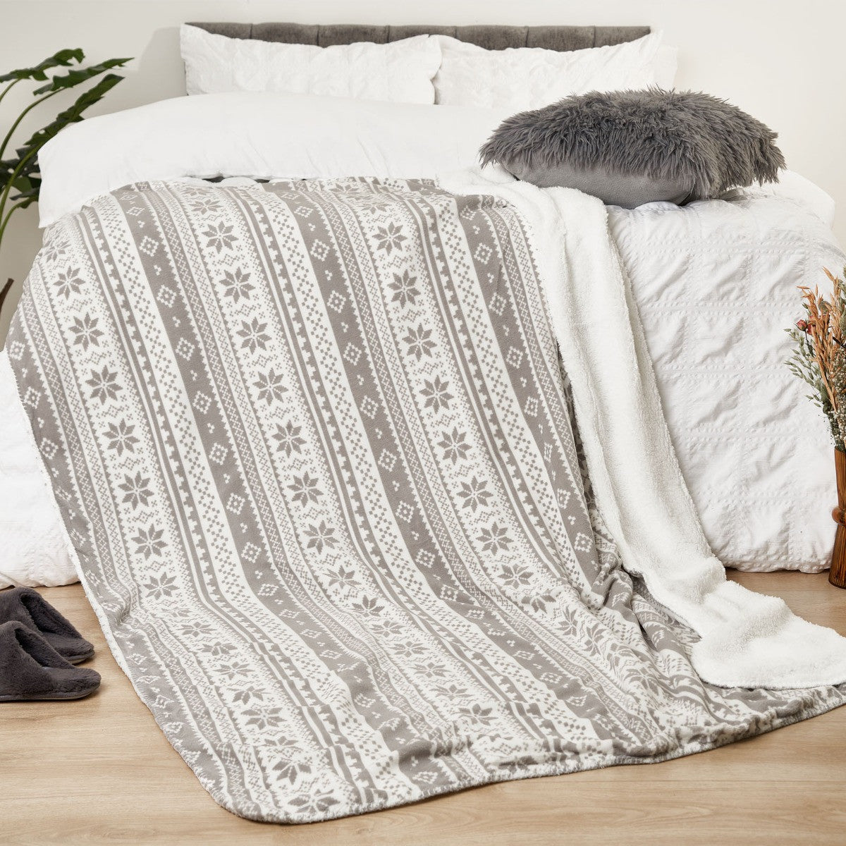 Christmas Nordic Print Sherpa Throw - Grey/White 🇬🇧