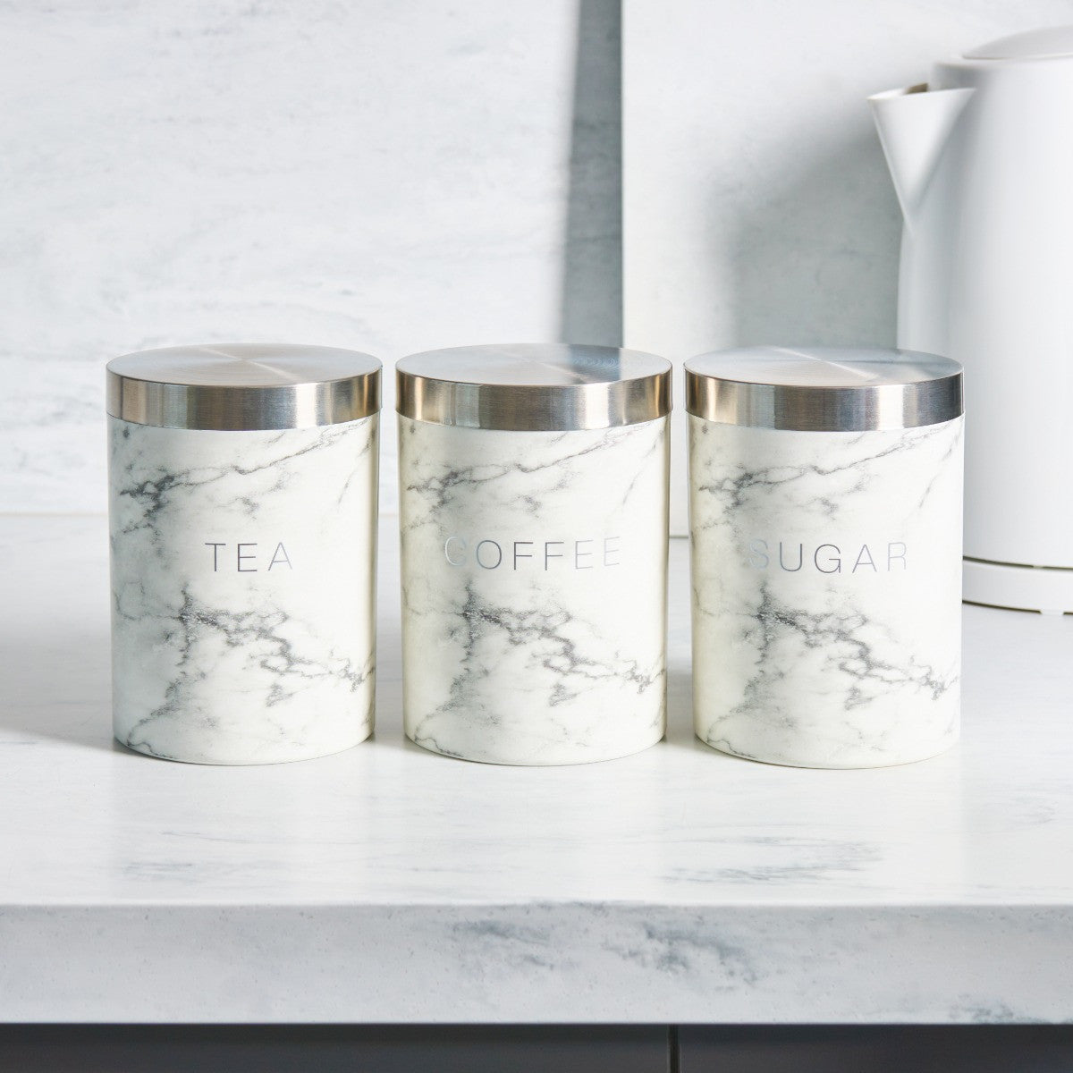 3 Piece Tea Coffee Sugar Canisters - White Marble 🇬🇧