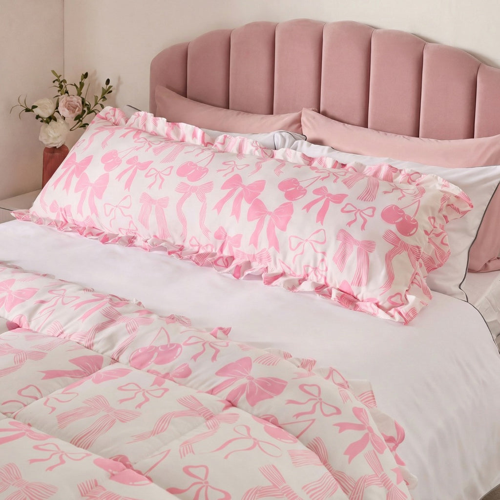 Bow Print Frill Edge Bolster Pillow - Pink 🇬🇧