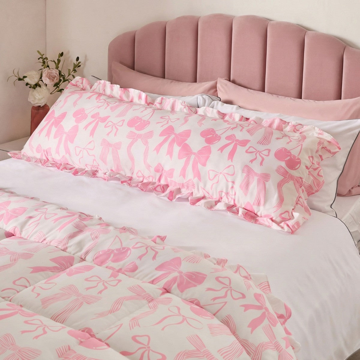 Bow Print Frill Edge Bolster Pillow - Pink 🇬🇧