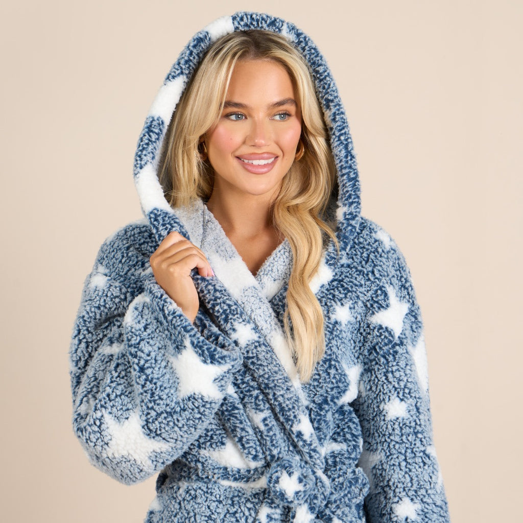 Star Print Teddy Marl Dressing Gown, Adults - Navy 🇬🇧