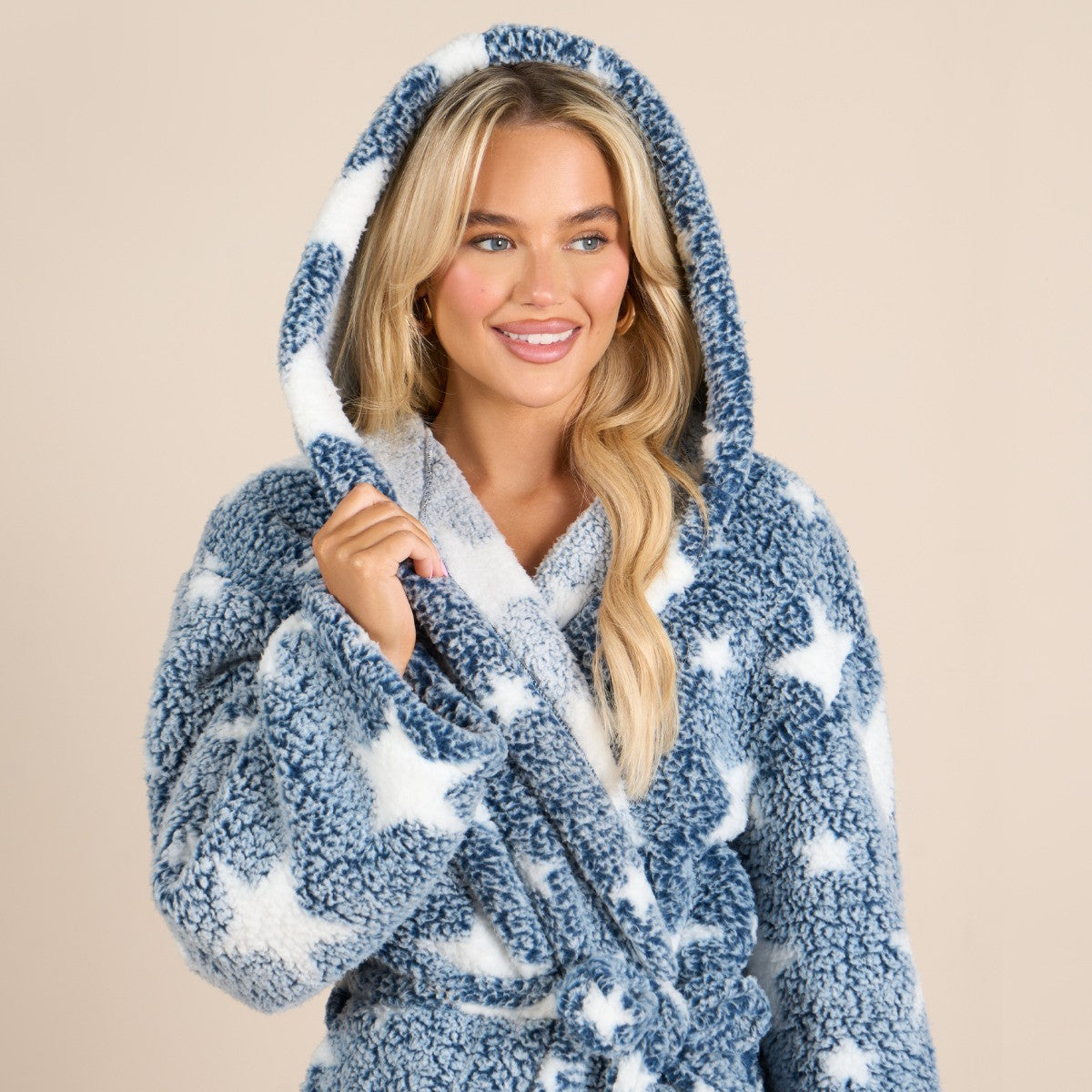 Star Print Teddy Marl Dressing Gown, Adults - Navy 🇬🇧