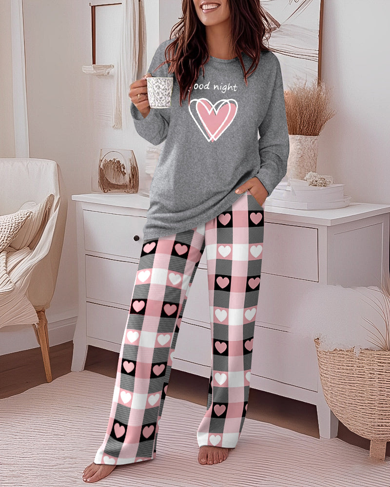 2 Pieces Outfit Good Night Slogan Print Long Sleeve Top and Plaid Print Elastic Waist Pants Set Casual Heart Print Pajamas Set 🇬🇧