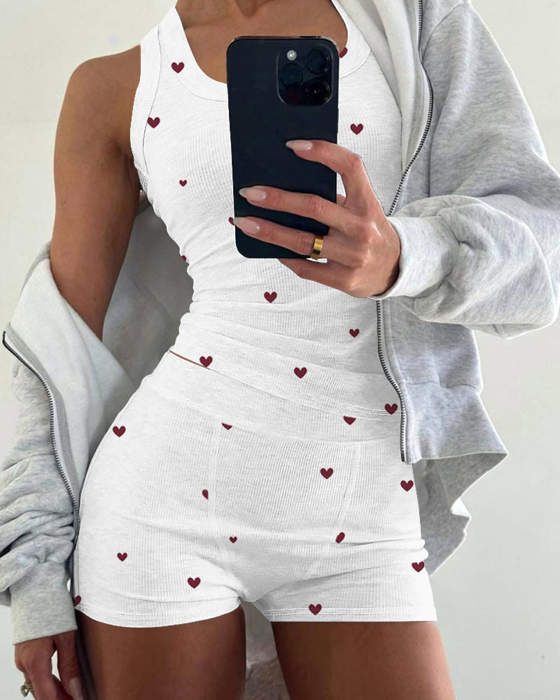 2 Pieces Outfit Heart Print U Neck Sleeveless Tank Top And Casual Strechy Waist Shorts Set Slim Fit Ribbed Pajamas Set 🇺🇸