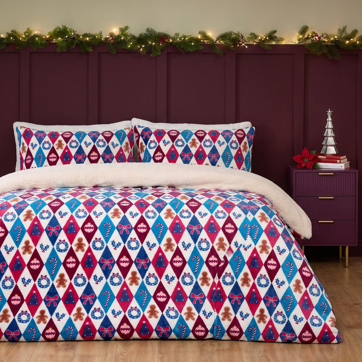 Christmas Diamond Check Sherpa Fleece Duvet Cover Set - Multi 🇬🇧