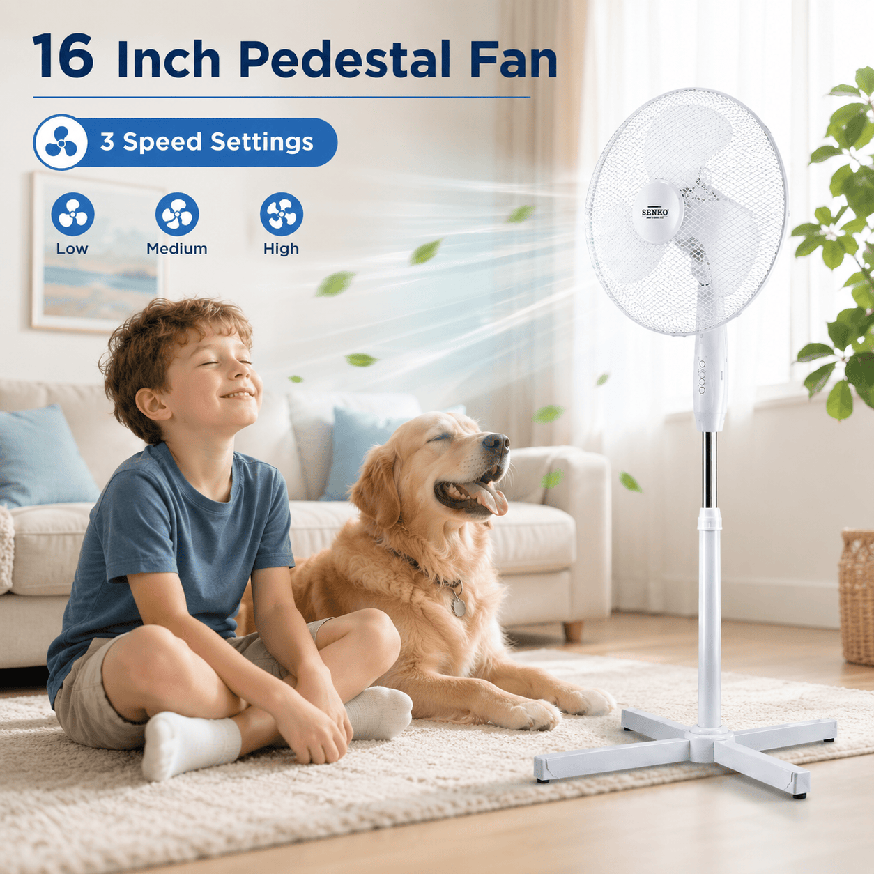16 Inch Pedestal Fan Cross Base Stand Fan 3 Speed Settings Sturdy Base Portable Fan for Home or Small Office White 🇬🇧