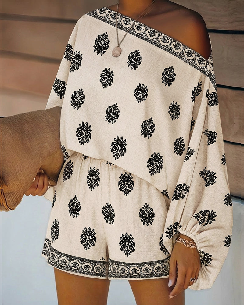 2 Pieces Outfit Boho Skew Neck Lantern Sleeve Top and Elastic Waist Shorts Set Casual Vintage Baroque Placement Print Vacation Set 🇺🇸