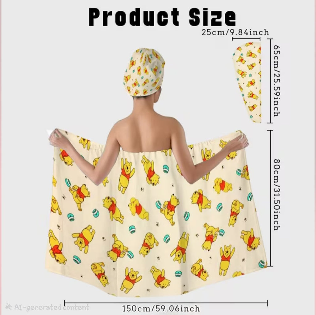 2pc Cartoon Print Bath Robe and Hair Dryer Cap 🇨🇳