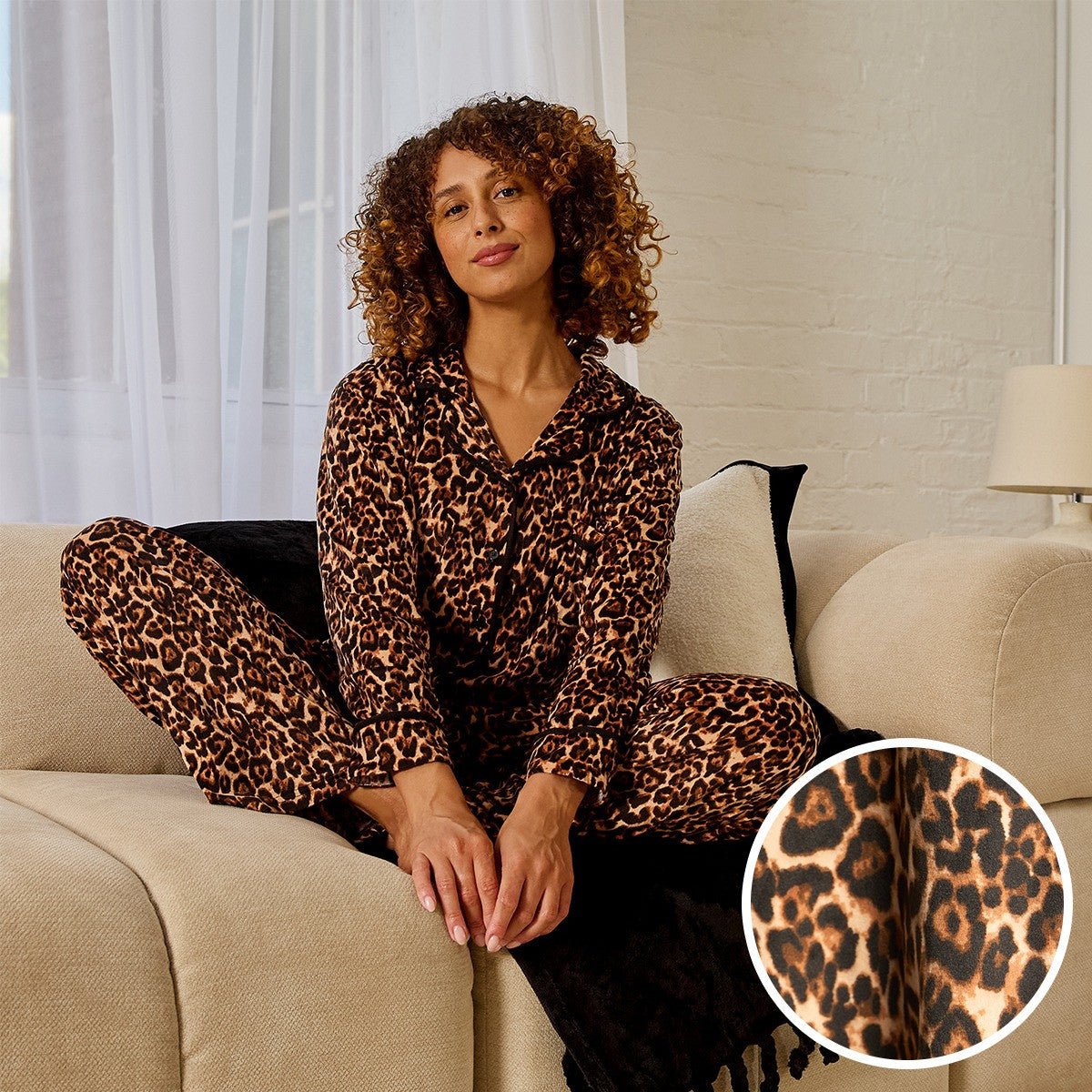 Leopard Print Button Through Pyjama Set - Natural