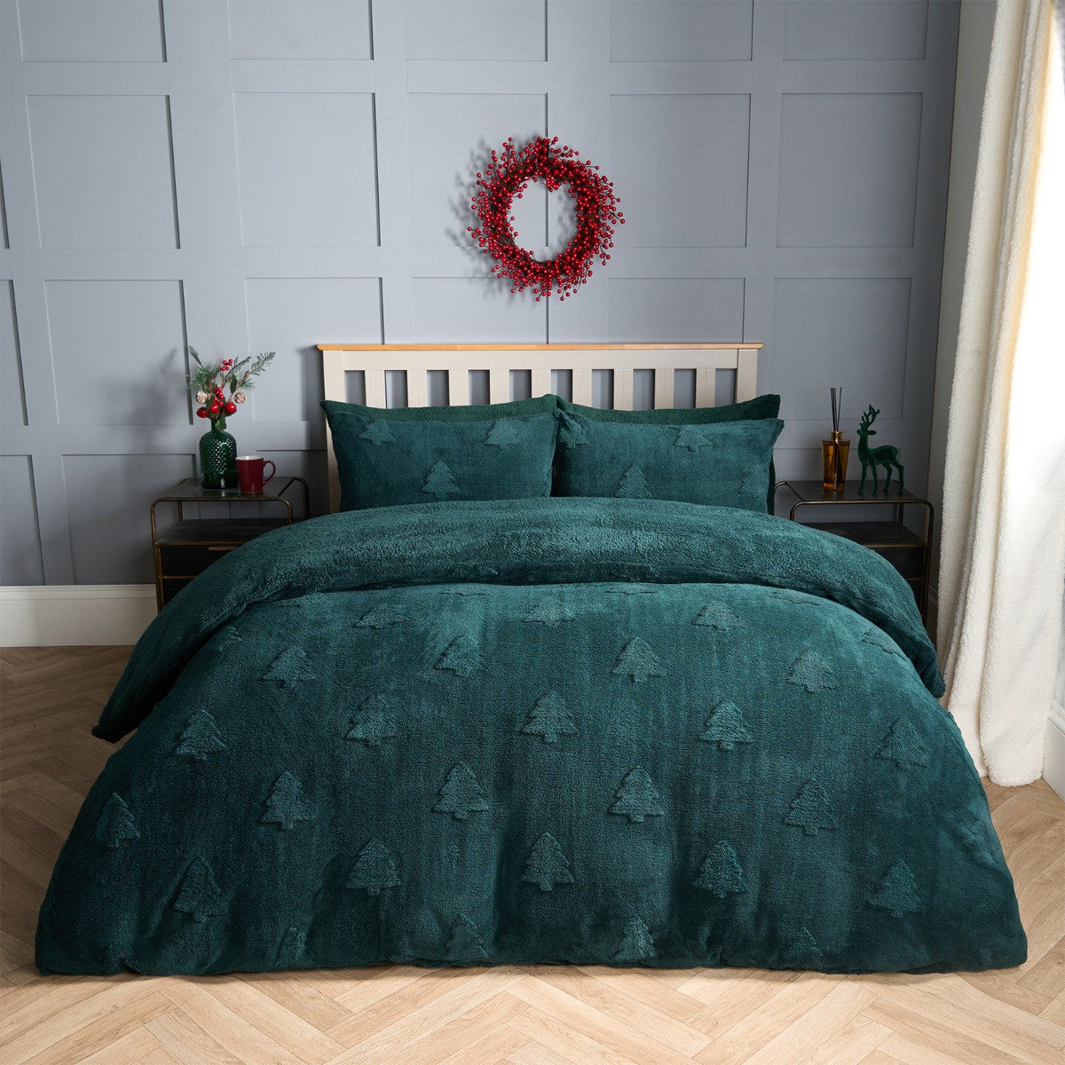 Winter Tree Tufted Teddy Fleece Duvet Cover Set - Forest Green 🇬🇧