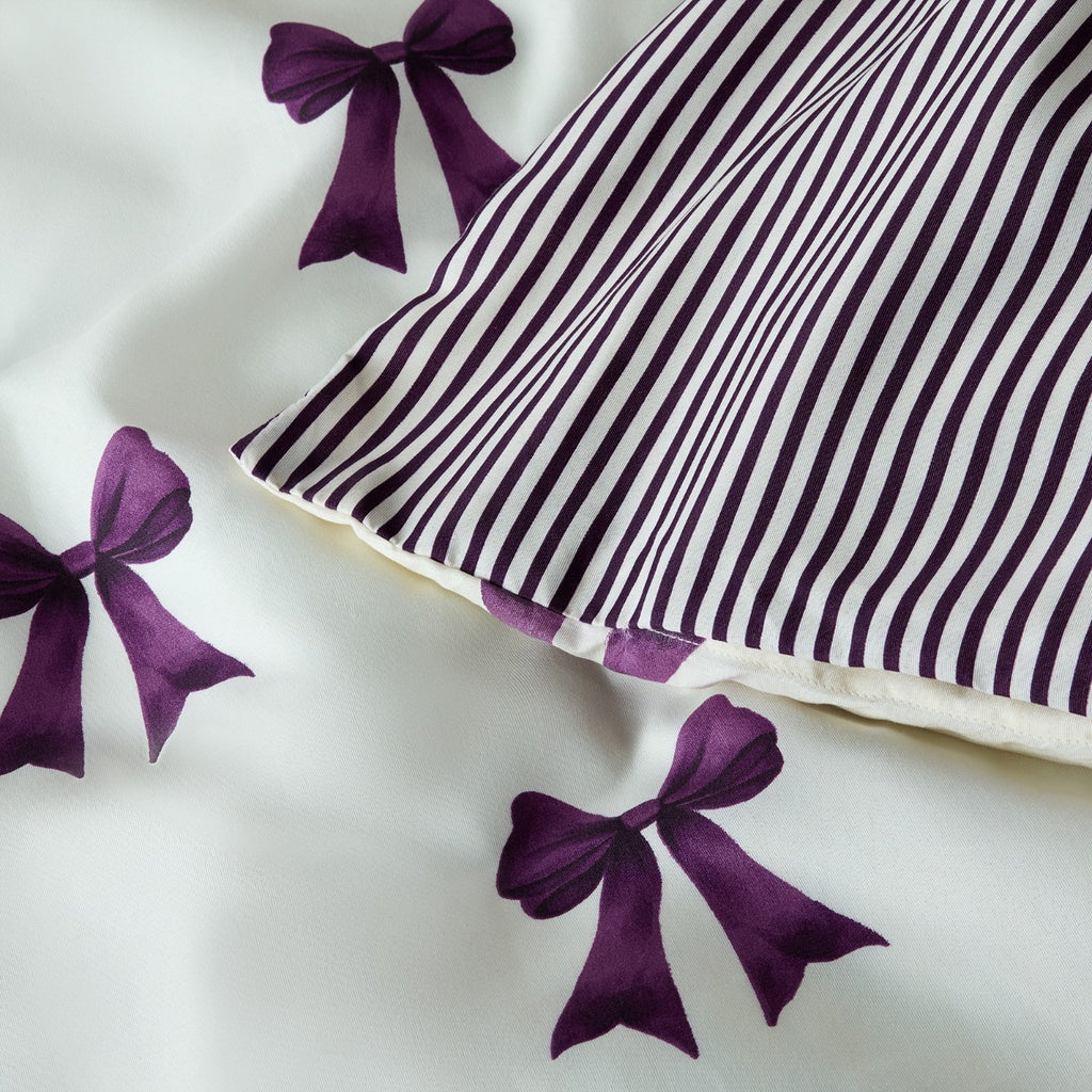 Bow and Stripe Duvet Cover Set - Plum 🇬🇧