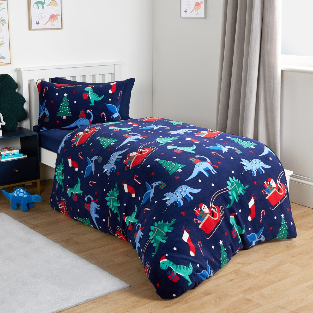 Christmas Dino Fleece Duvet Set, Navy - Single 🇬🇧