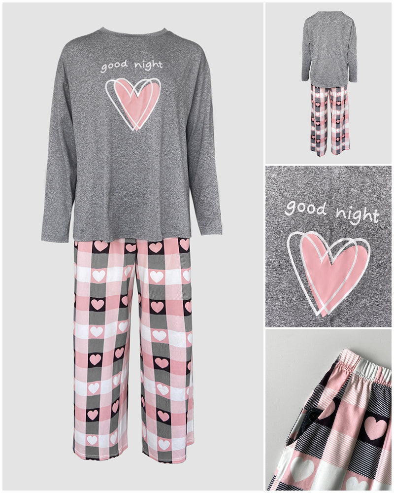 2 Pieces Outfit Good Night Slogan Print Long Sleeve Top and Plaid Print Elastic Waist Pants Set Casual Heart Print Pajamas Set 🇬🇧