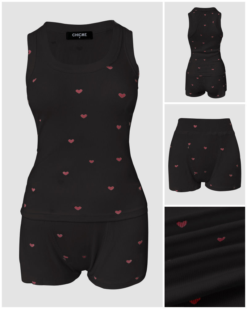 2 Pieces Outfit Heart Print U Neck Sleeveless Tank Top And Casual Strechy Waist Shorts Set Slim Fit Ribbed Pajamas Set 🇺🇸
