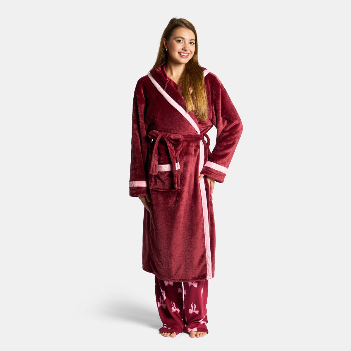 Flannel Fleece Piped Edge Dressing Gown, Adults - Burgundy/Pink 🇬🇧