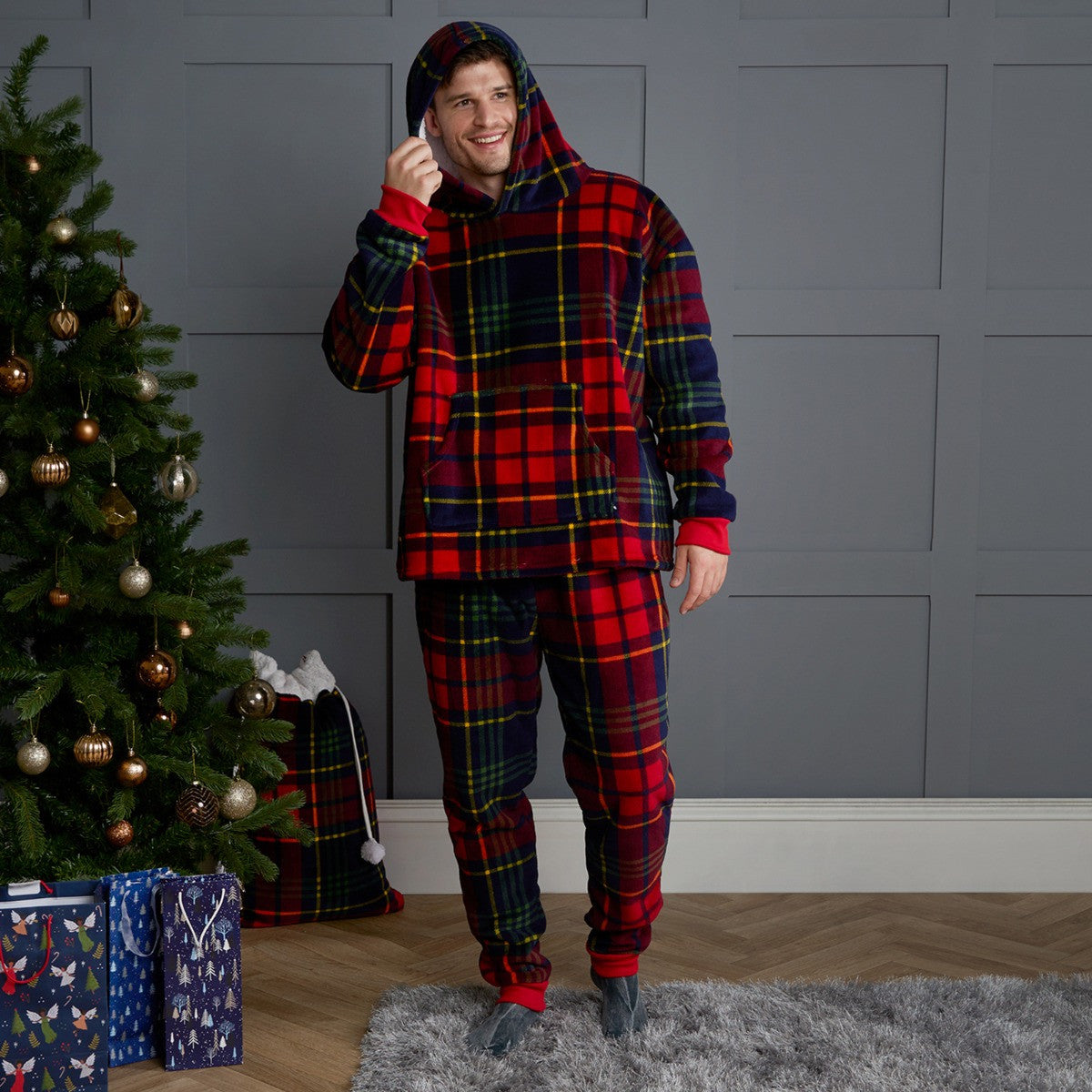 Adults Oxford Check Fleece Hoodie Pyjama Set - Navy/Red
🇬🇧