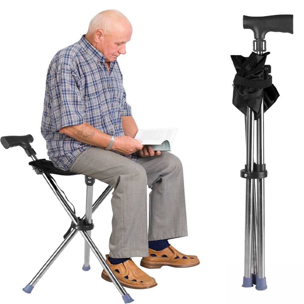 Folding Portable Walking Stick Seat Adjustable Aluminium Cane Chair Stool🇬🇧
