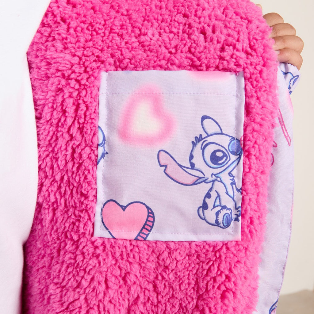 Kids Water Resistant Stitch & Angel Print Sherpa Drying Robe - Lilac/Pink 🇬🇧