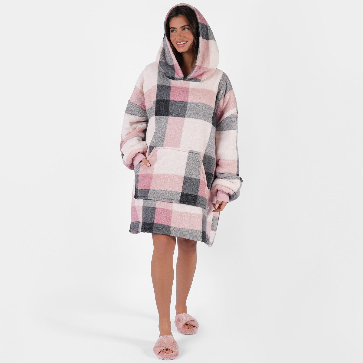 Tartan Winter Check Sherpa Hoodie Blanket, Adults - Blush 🇬🇧