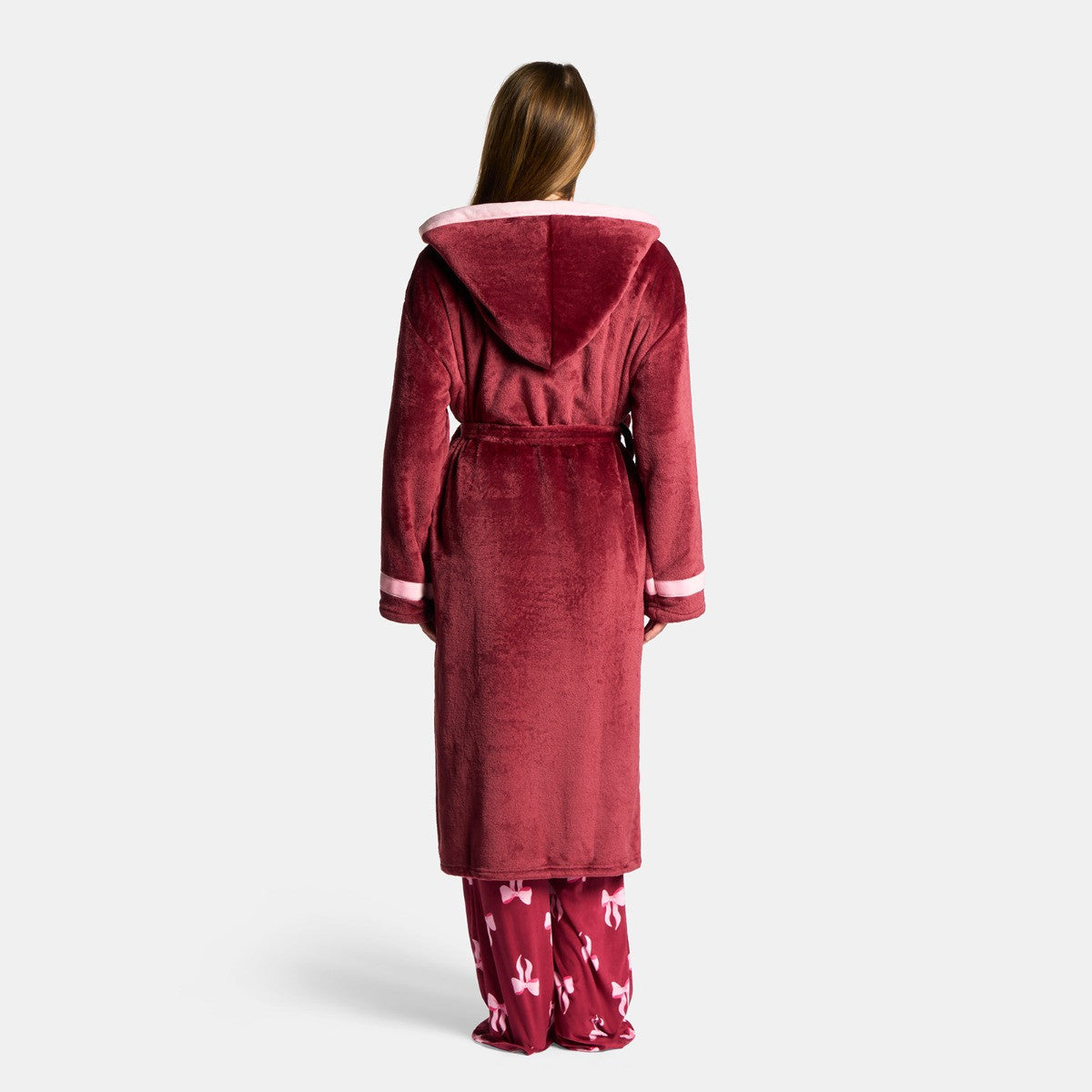 Flannel Fleece Piped Edge Dressing Gown, Adults - Burgundy/Pink 🇬🇧