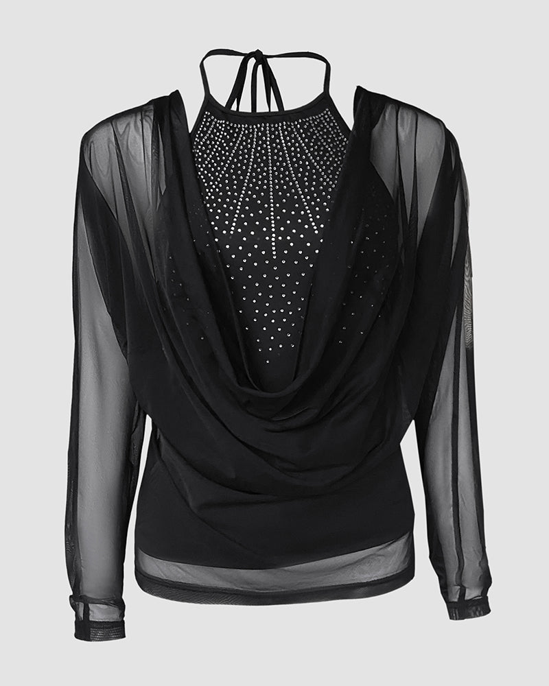 Rhinestone Decor Halter Tie Cowl Neck Long Sleeve Tee Casual Sheer Mesh Spliced Backless Top 🇺🇸
