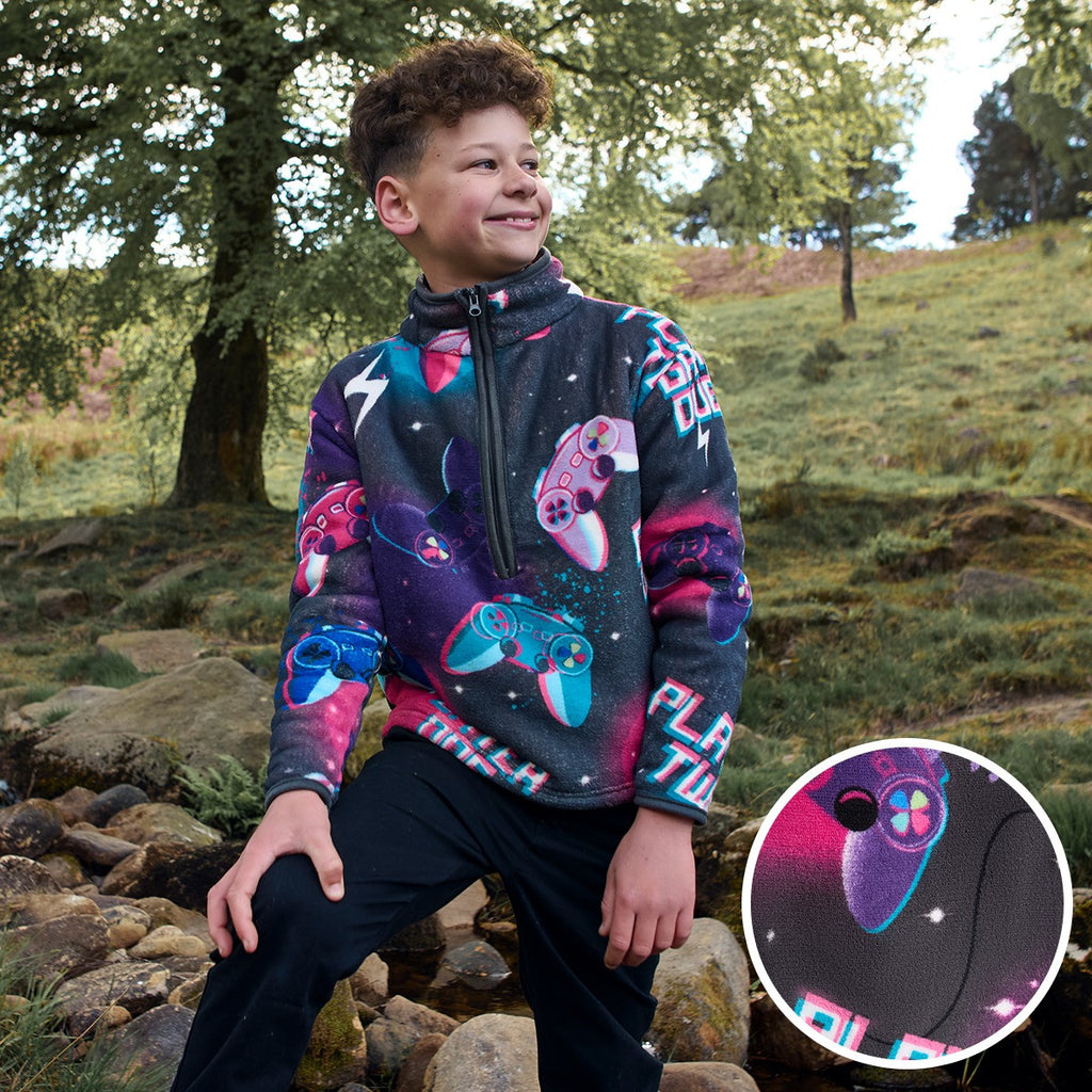 Kids Neon Gaming Print Half Zip Fleece - Purple 🇬🇧