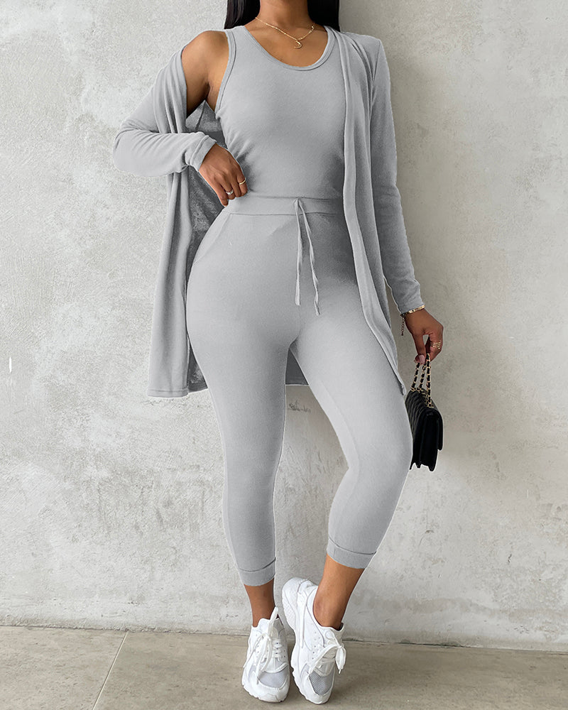 3 Piece Lounge Set Crewneck Sleeveless Tank Top Long Sleeve Open Front Coat Pants Sweatsuit 🇺🇸