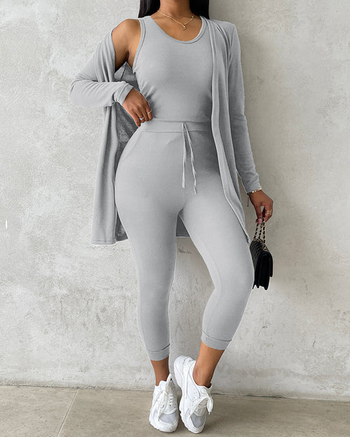 3 Piece Lounge Set Crewneck Sleeveless Tank Top Long Sleeve Open Front Coat Pants Sweatsuit 🇺🇸