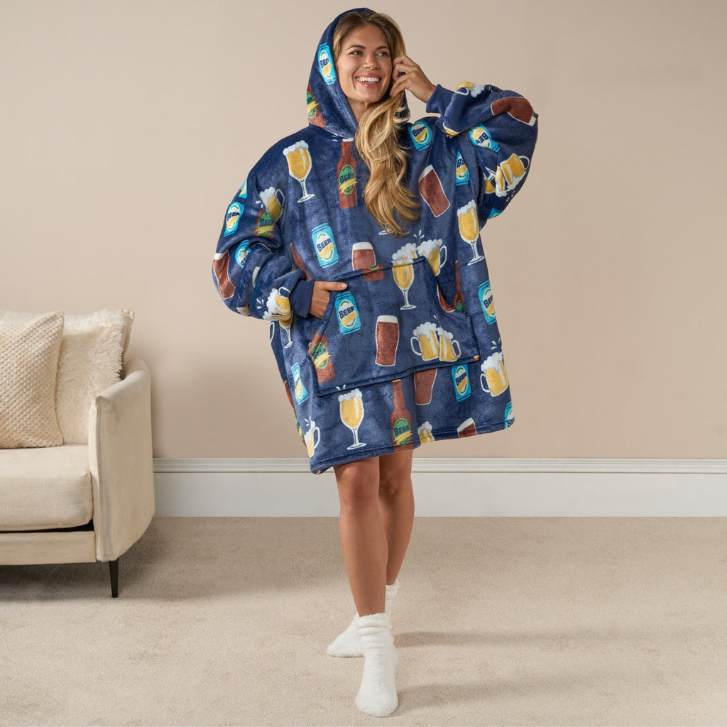Adults Beer Pint Print Hoodie Blanket - Navy 🇬🇧