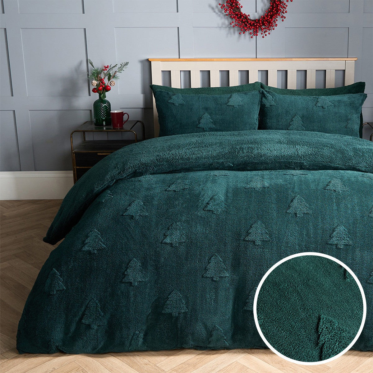 Winter Tree Tufted Teddy Fleece Duvet Cover Set - Forest Green 🇬🇧