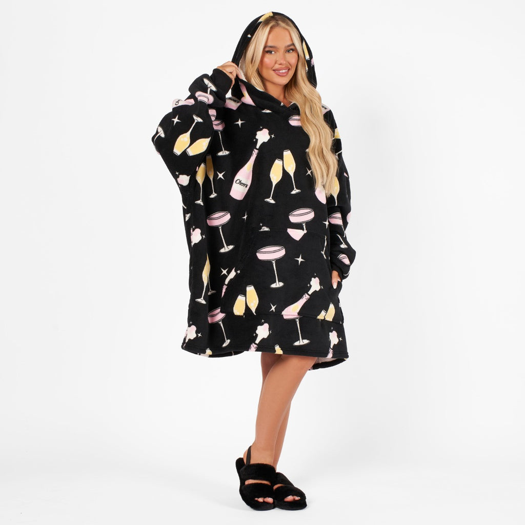 Champagne Print Hoodie Blanket, Black - Adults 🇬🇧