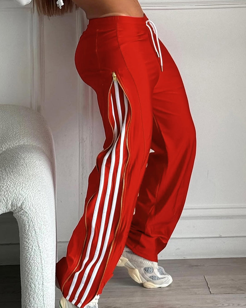Contrast Side Striped & Zipper Slit Side Drawstring Elastic Waist Trousers Casual Wide Leg Pants 🇬🇧