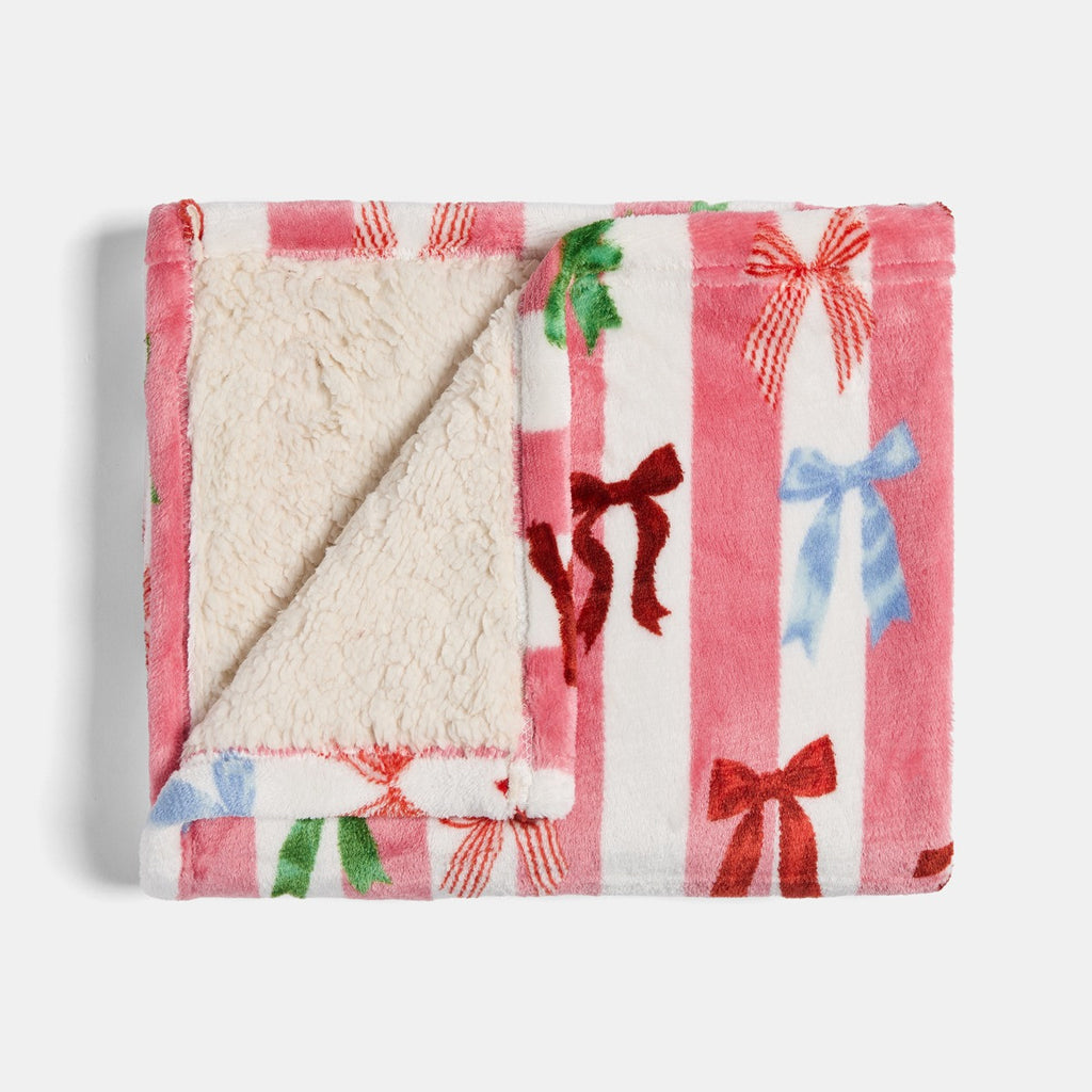 Pet Multi Bow Stripe Sherpa Reverse Throw - Pink/White 🇬🇧