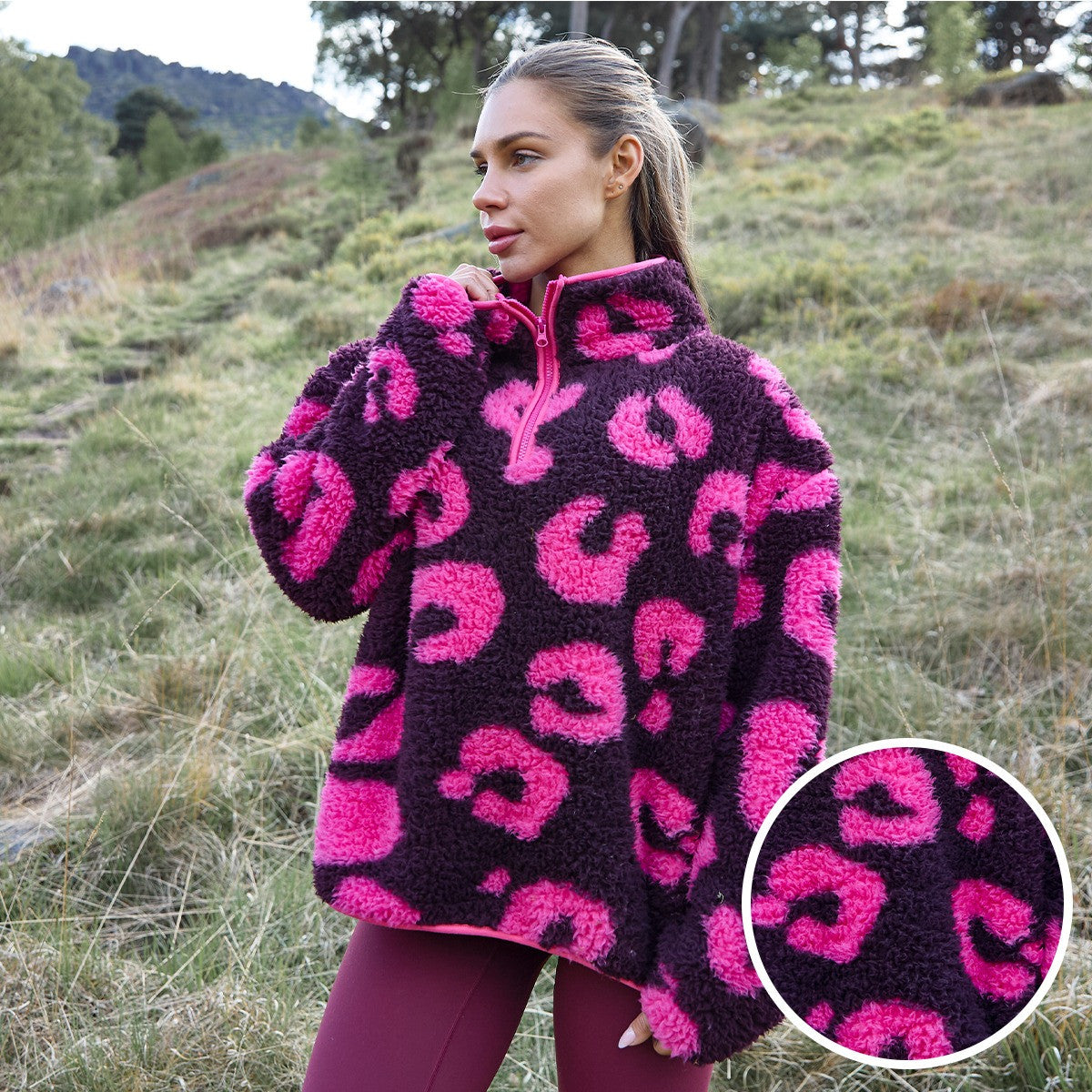 Teddy Abstract Leopard Print Half Zip Fleece - Burgundy/Pink 🇬🇧