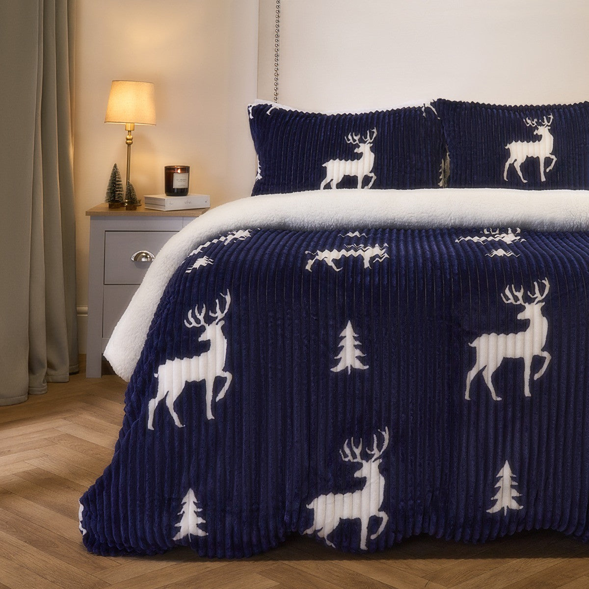 Cosy Stag Ribbed Fleece Duvet Set - Navy 🇬🇧