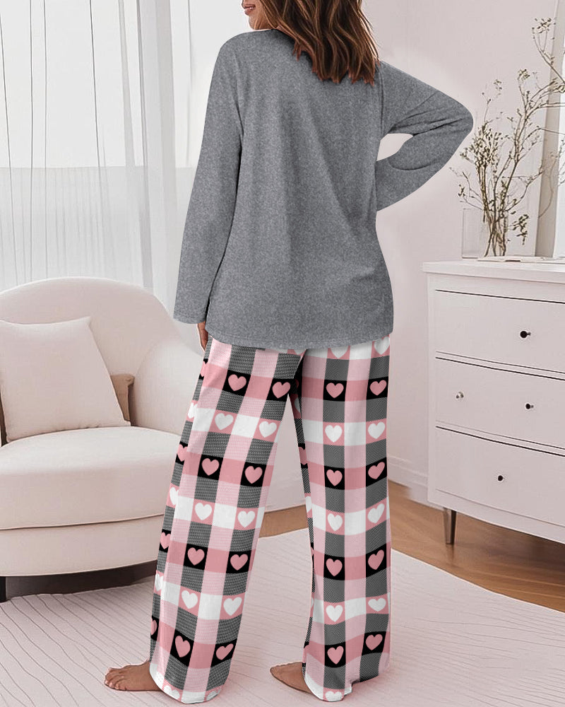 2 Pieces Outfit Good Night Slogan Print Long Sleeve Top and Plaid Print Elastic Waist Pants Set Casual Heart Print Pajamas Set 🇬🇧