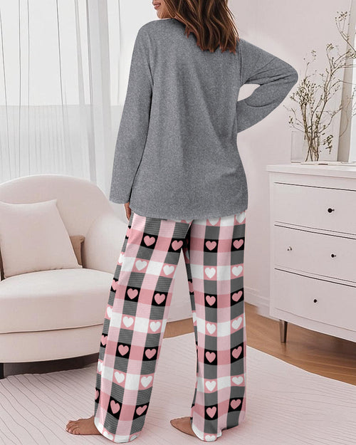 2 Pieces Outfit Good Night Slogan Print Long Sleeve Top and Plaid Print Elastic Waist Pants Set Casual Heart Print Pajamas Set 🇬🇧