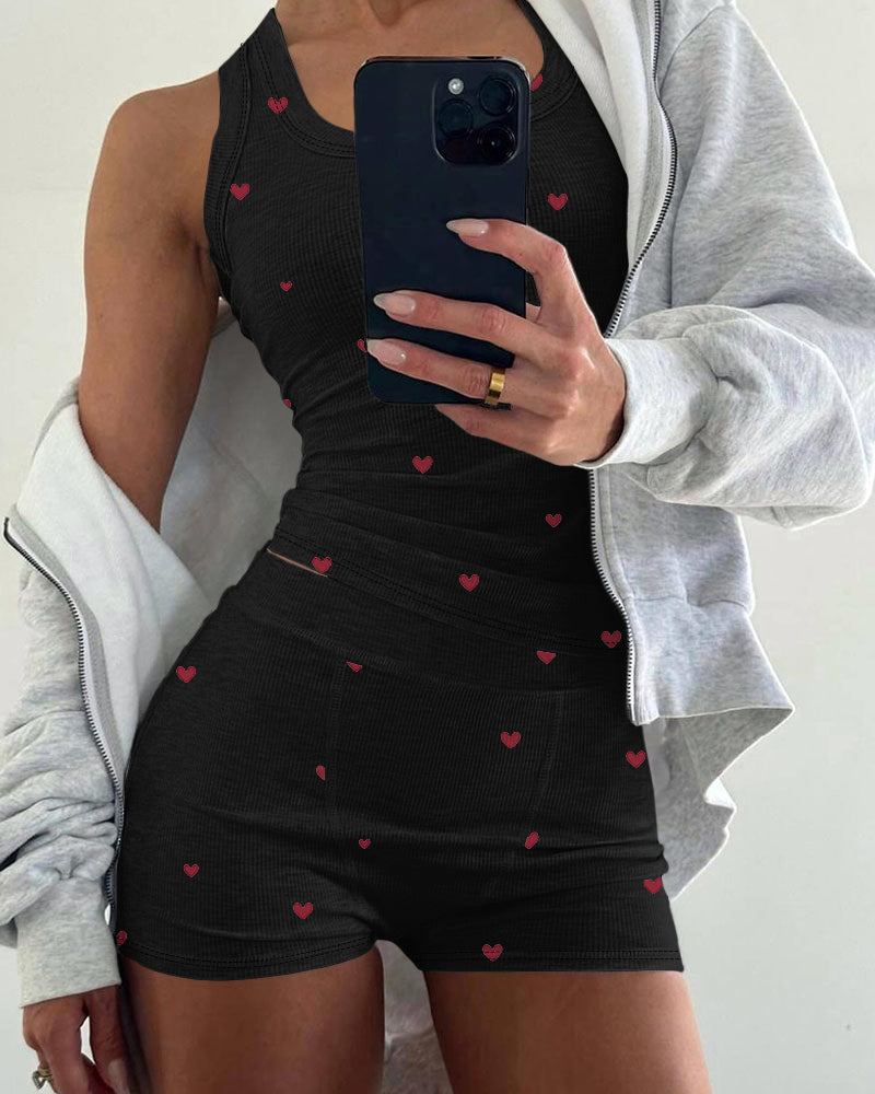 2 Pieces Outfit Heart Print U Neck Sleeveless Tank Top And Casual Strechy Waist Shorts Set Slim Fit Ribbed Pajamas Set 🇺🇸