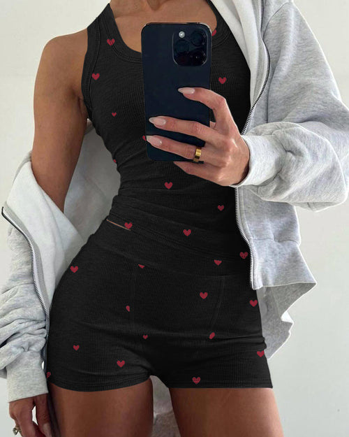 2 Pieces Outfit Heart Print U Neck Sleeveless Tank Top And Casual Strechy Waist Shorts Set Slim Fit Ribbed Pajamas Set 🇺🇸