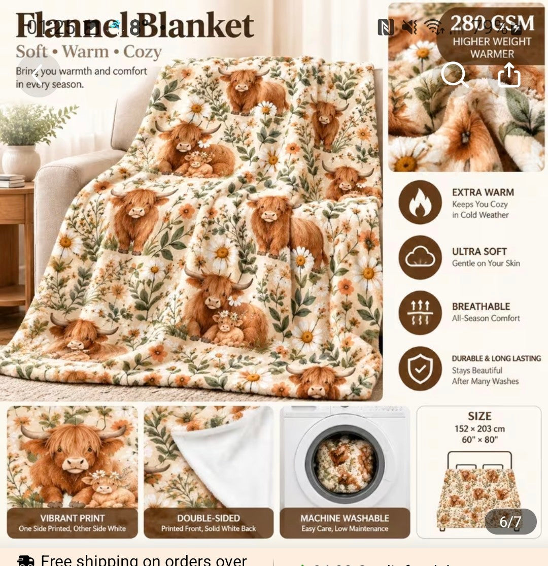 Highland Cow Daisy Meadow Fleece Throw 🇨🇳