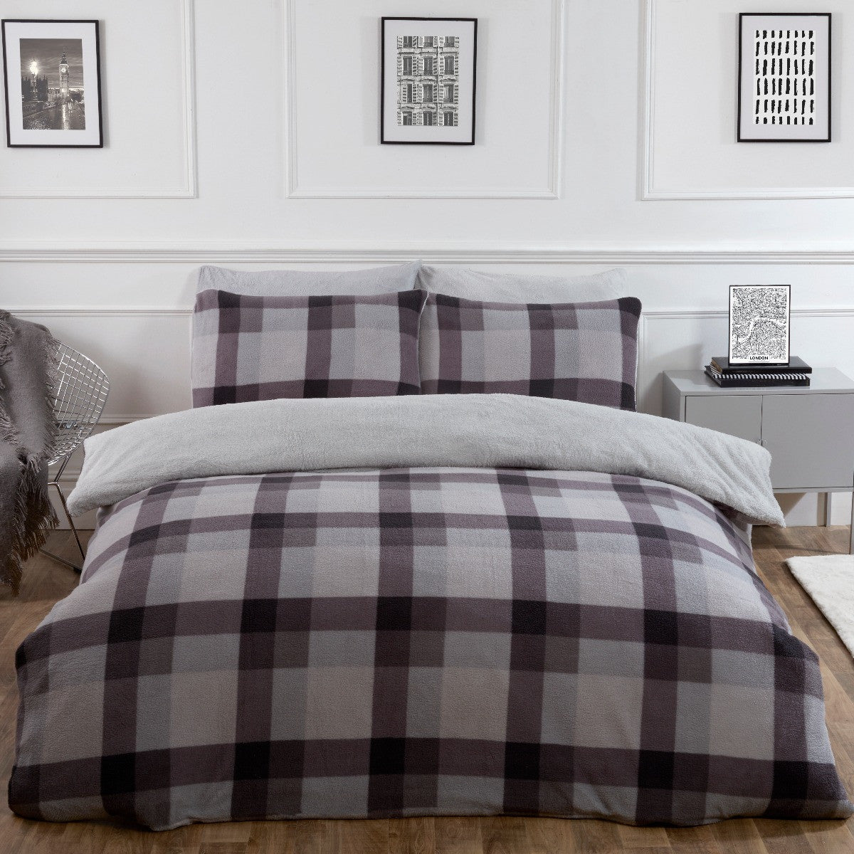 Check Teddy Fleece Duvet Cover Set - Grey 🇬🇧