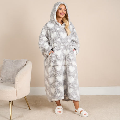 Adults Extra Long Heart Teddy Marl Hoodie Blanket - Charcoal 🇬🇧