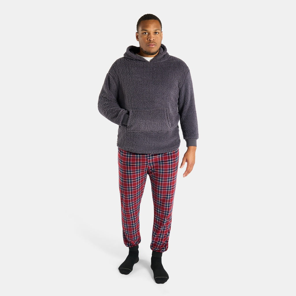 Men's Teddy Hoodie Check Pyjama Set - Burgundy 🇬🇧