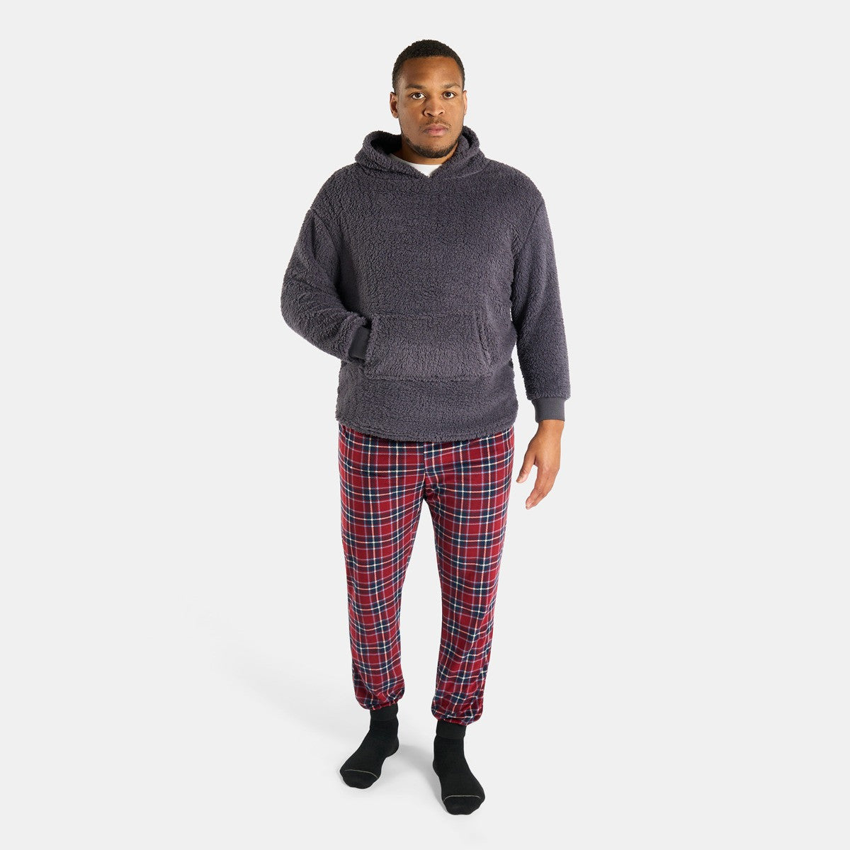 Men's Teddy Hoodie Check Pyjama Set - Burgundy 🇬🇧