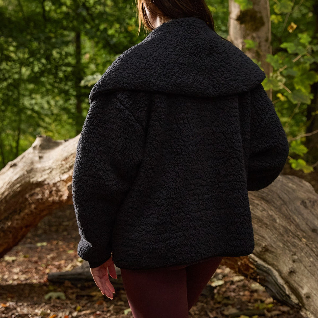 Waterfall Teddy Fleece Shorter Length Cardigan - Black 🇬🇧