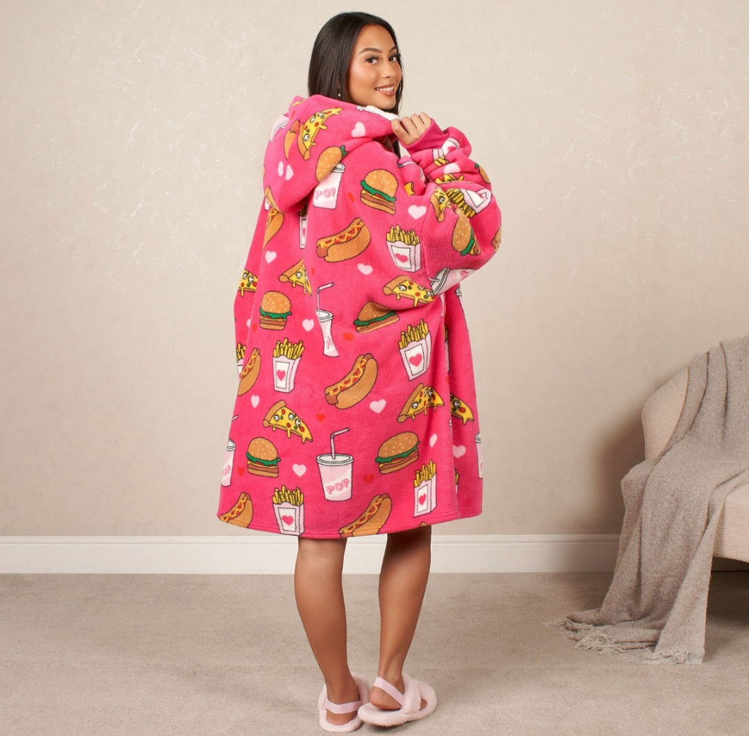 Fast Food Print Hoodie Blanket, Adults - Pink 🇬🇧