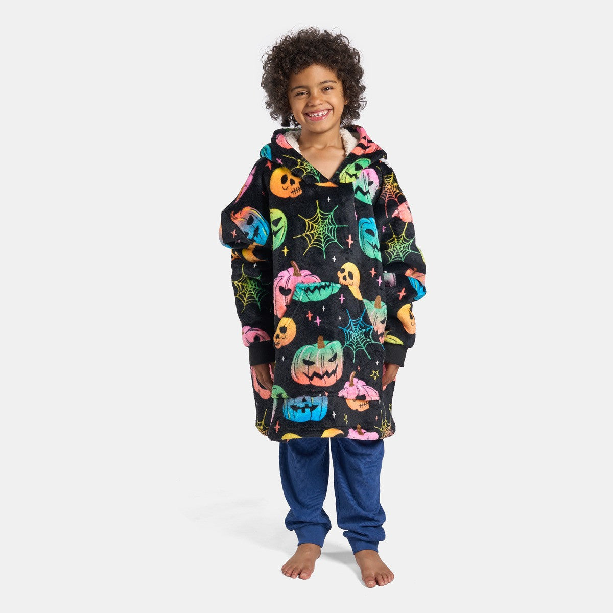Kids Neon Halloween Print Hoodie Blanket - Black 🇬🇧