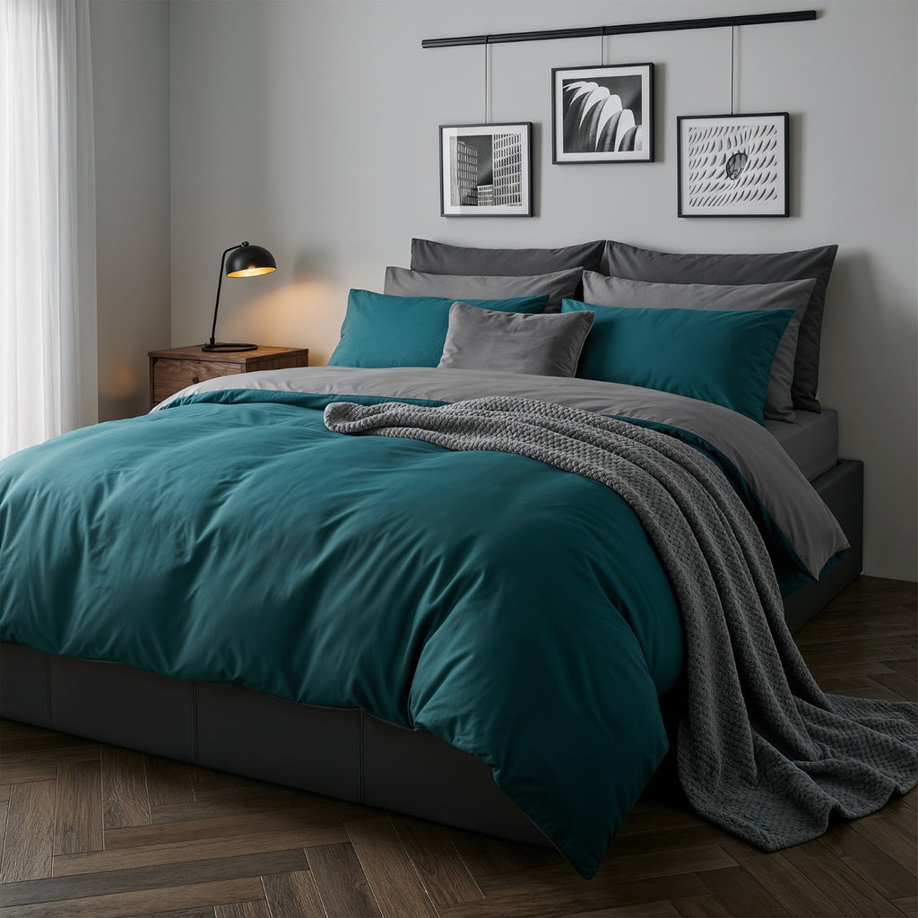 Reversible Duvet Cover Set - Teal/Grey 🇬🇧