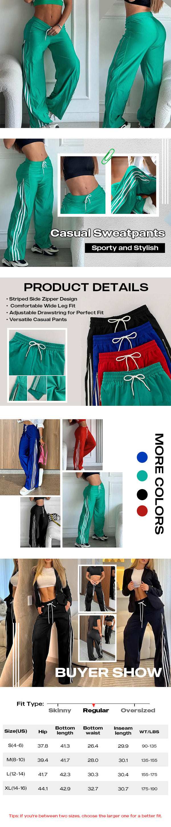 Contrast Side Striped & Zipper Slit Side Drawstring Elastic Waist Trousers Casual Wide Leg Pants 🇬🇧
